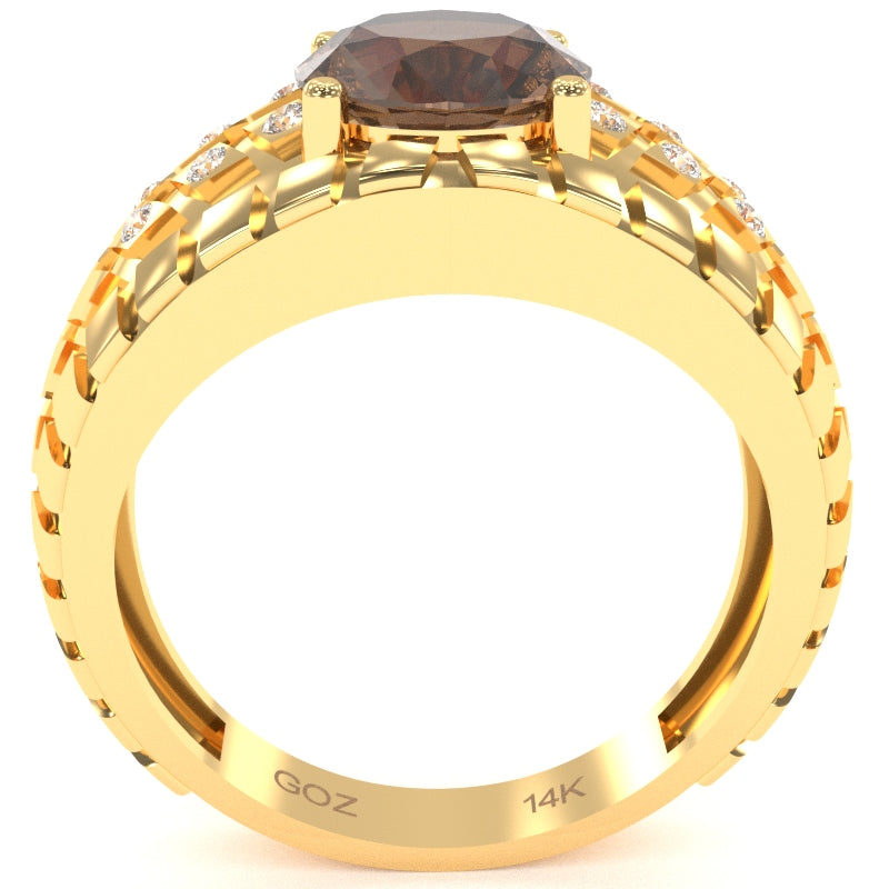 Men's Tire Tread Smoky Quartz Diamond Ring In Solid 14k Yellow Gold
