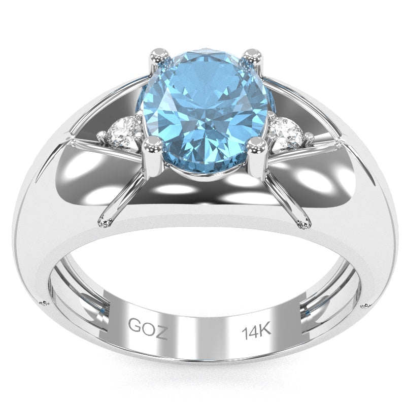 Men's Designer Blue Topaz Diamond Ring In Solid 14k White Gold