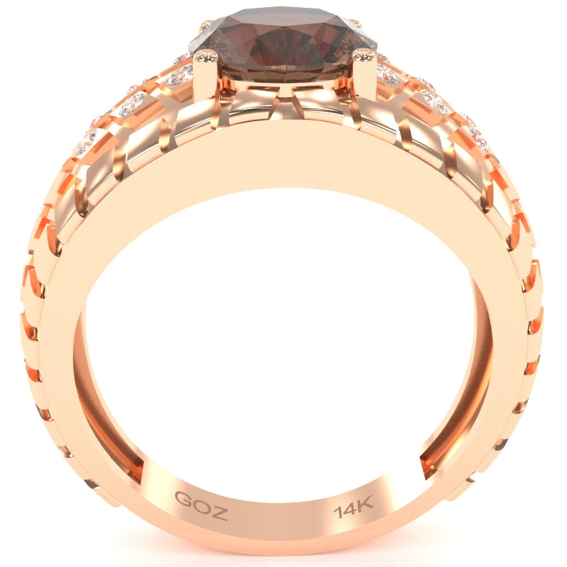 Men's Tire Tread Smoky Quartz Diamond Ring In Solid 14k Rose Gold