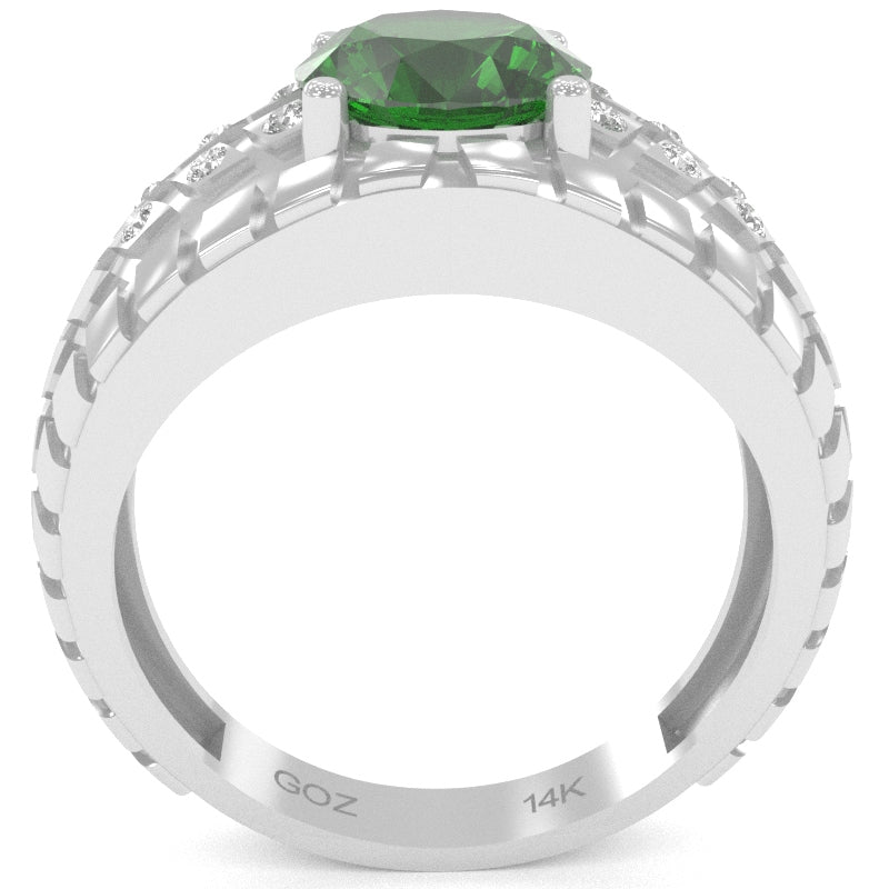 Men's Tire Tread Lab-Created Emerald Diamond Ring In Solid 14k White Gold