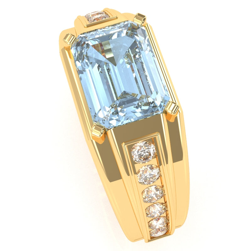 Men's Aquamarine Diamond Channel Ring In Solid 10k Yellow Gold