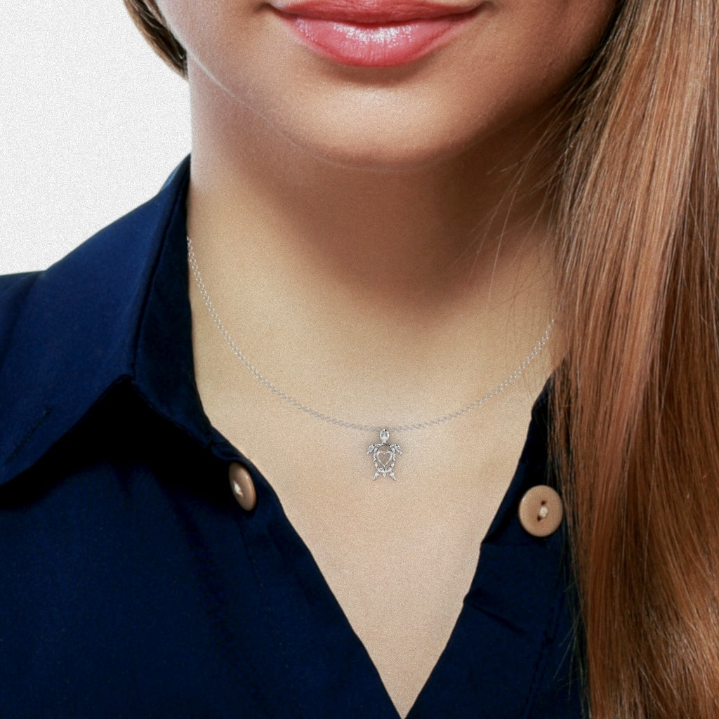 Sea Turtle Love Heart  Diamond Pendant In Solid 10k White Gold
