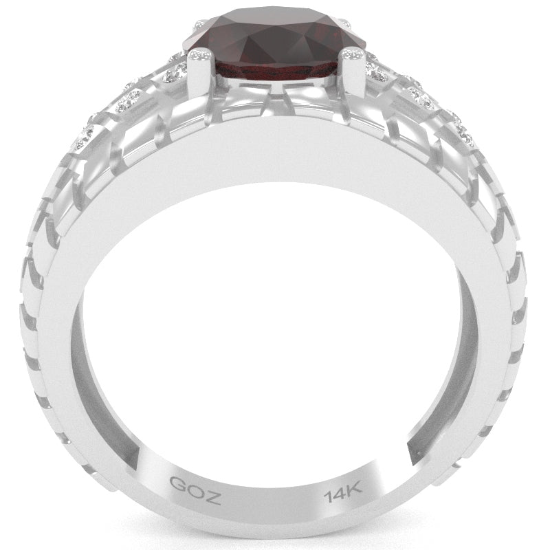 Men's Tire Tread Garnet Diamond Ring In Solid 14k White Gold