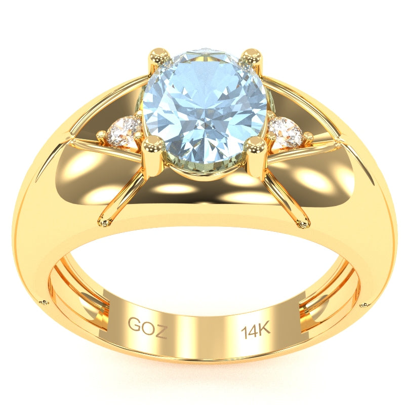 Men's Designer Aquamarine Diamond Ring In Solid 14k Yellow Gold