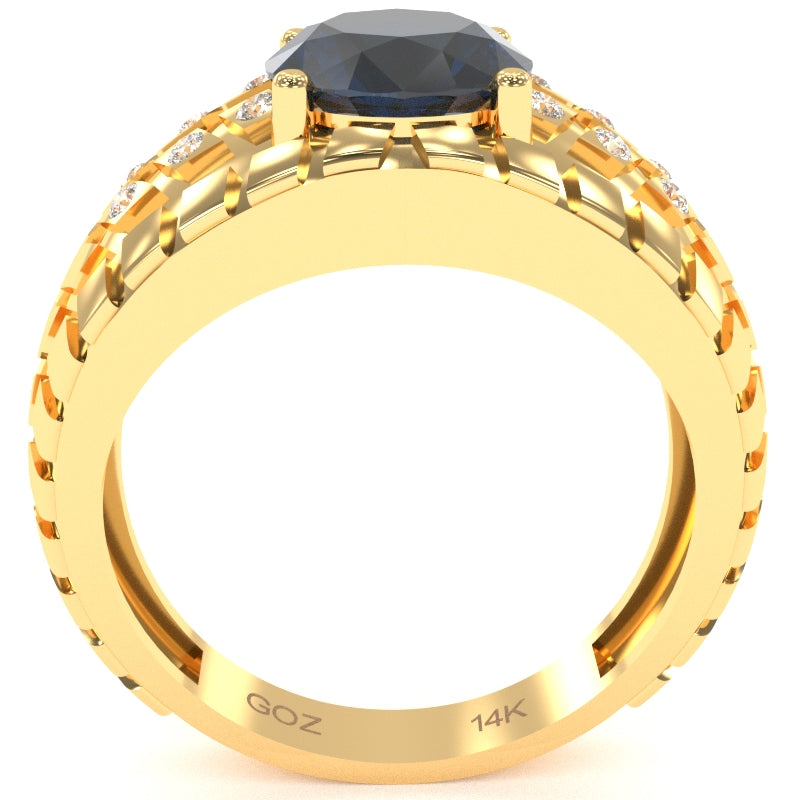 Men's Tire Tread Lab-Created Sapphire Diamond Ring In Solid 14k Yellow Gold