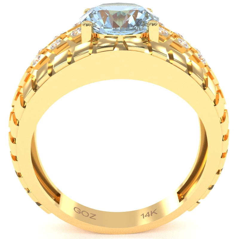 Men's Tire Tread Aquamarine Diamond Ring In Solid 14k Yellow Gold