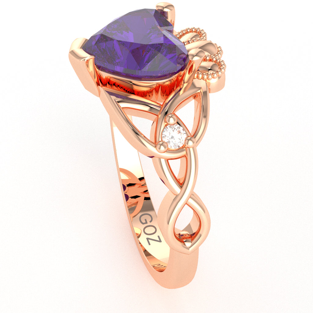 Celtic Trinity Knot Claddagh Heart Amethyst Diamond Ring In 14k Rose Gold