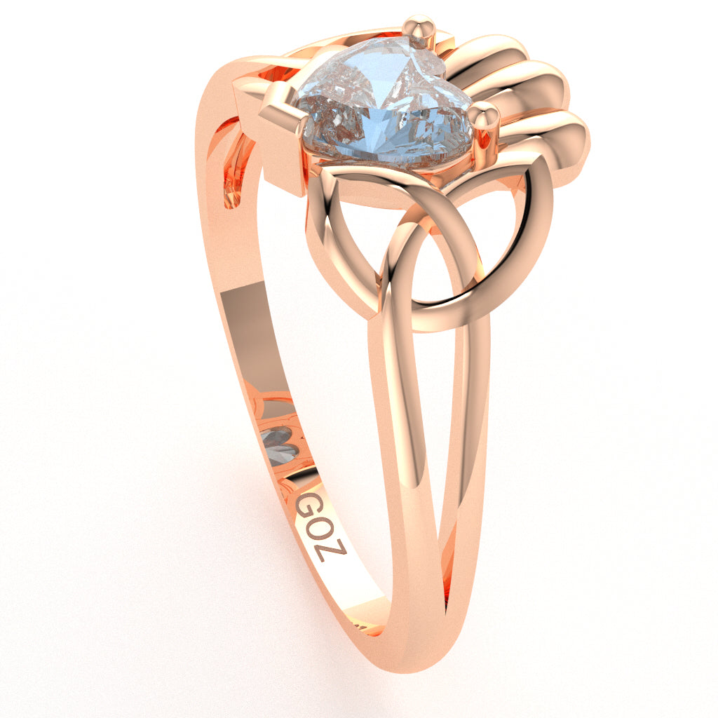Celtic Trinity Knot Claddagh Aquamarine Engagement Ring In 10k Rose Gold