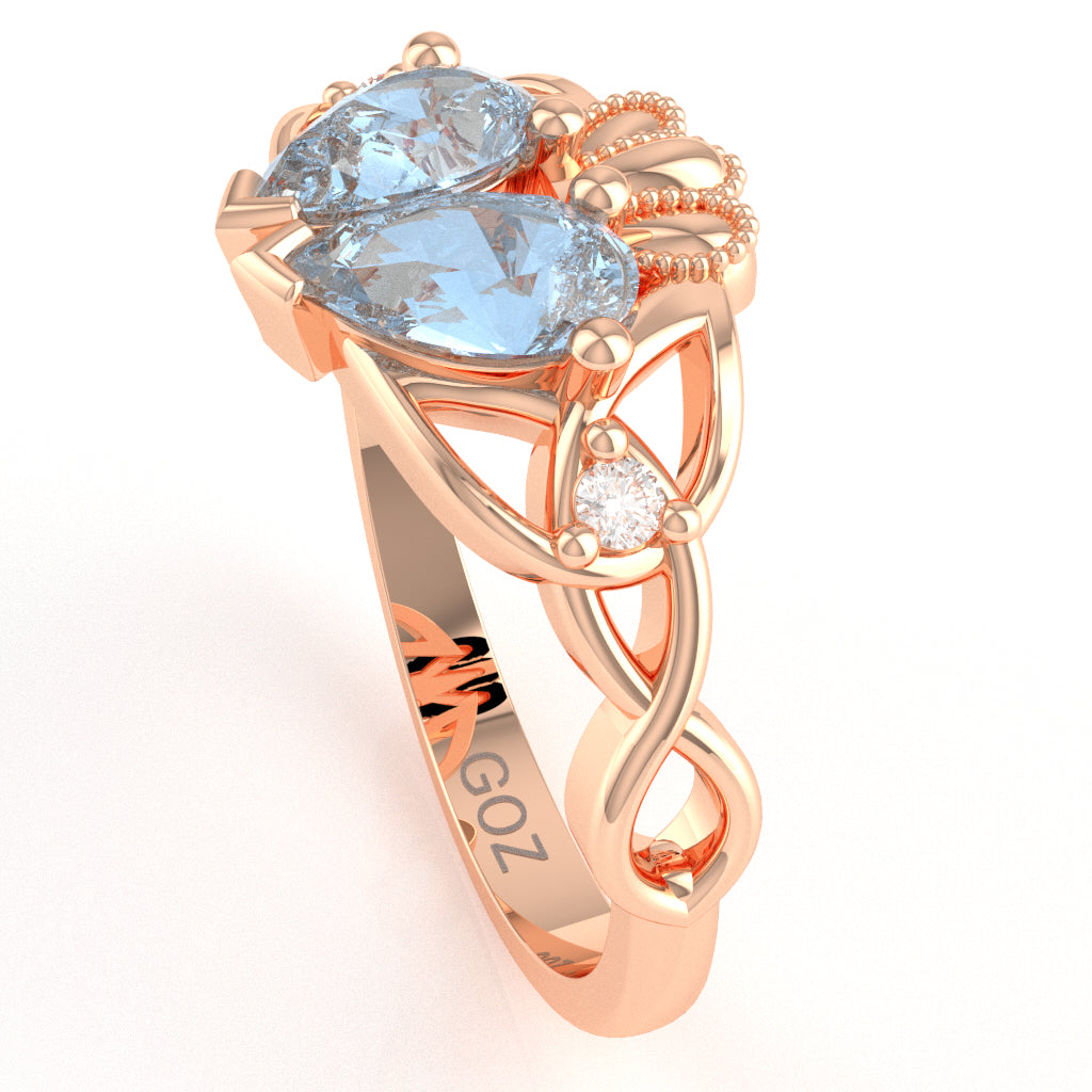 Aquamarine Diamond Celtic Knot Heart Claddagh Ring In 10k Rose Gold