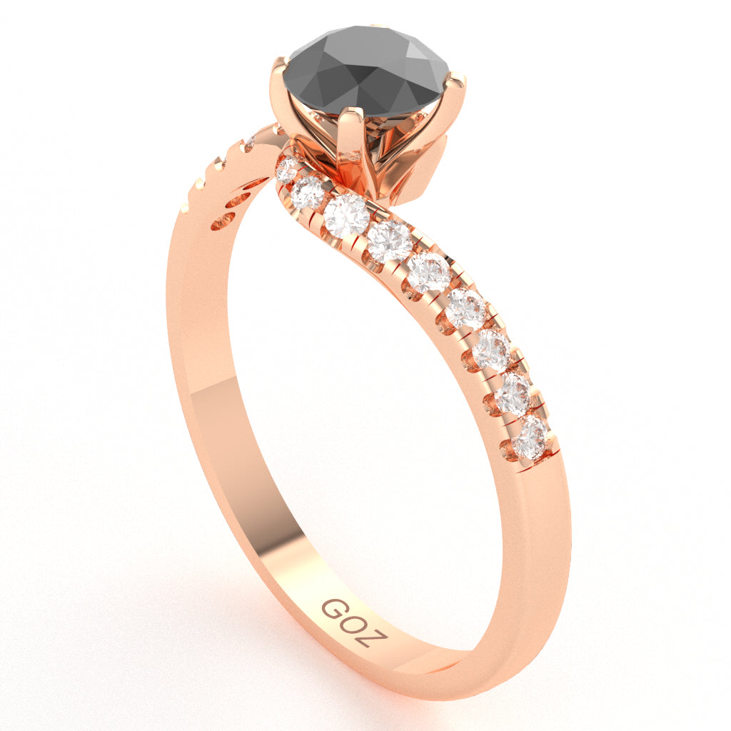 Black Onyx Diamond Curly Dainty Engagement Ring In 14k Rose Gold