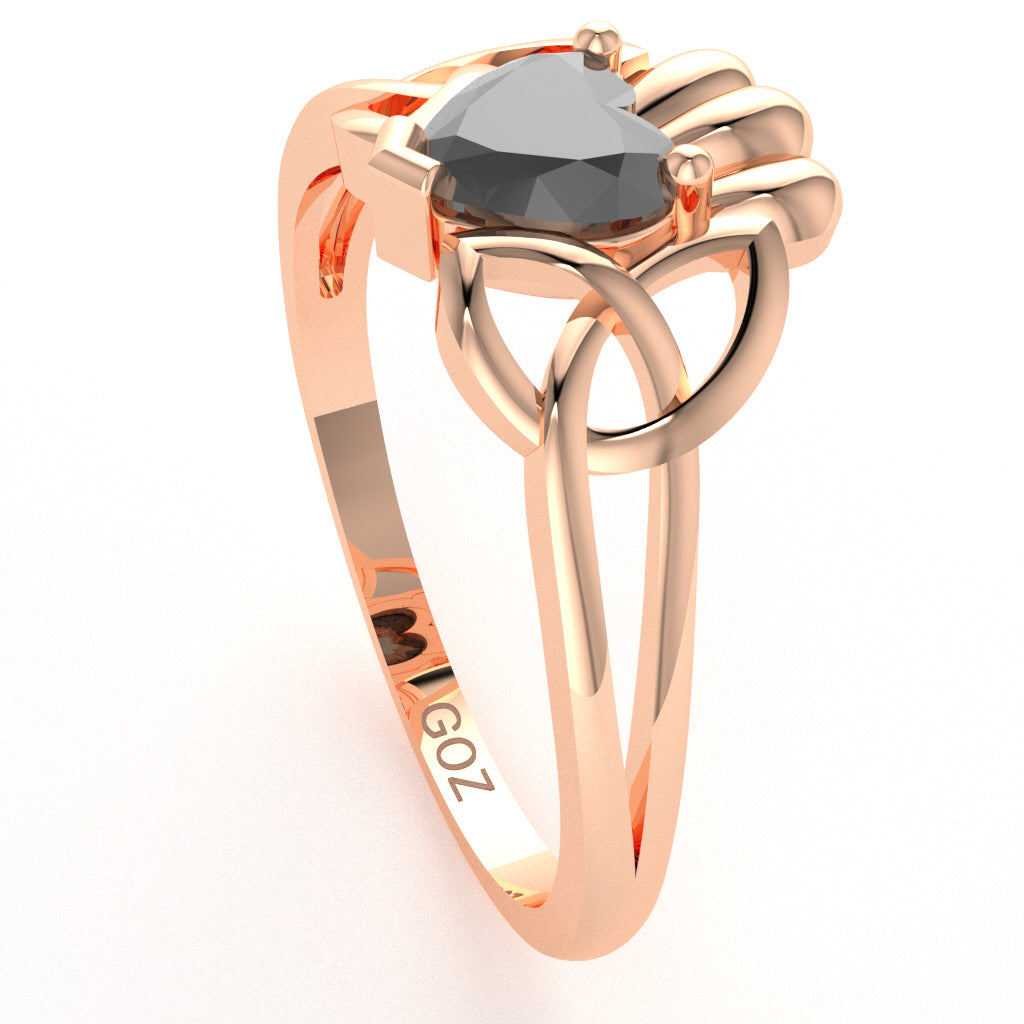 Celtic Trinity Knot Claddagh Black Onyx Engagement Ring In 14k Rose Gold
