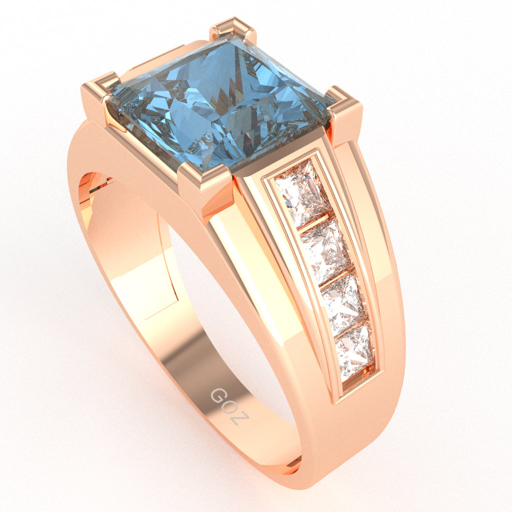 Men's Big Daddy Blue Topaz Lab-Grown Diamond Channel Ring In Solid 14k Rose Gold