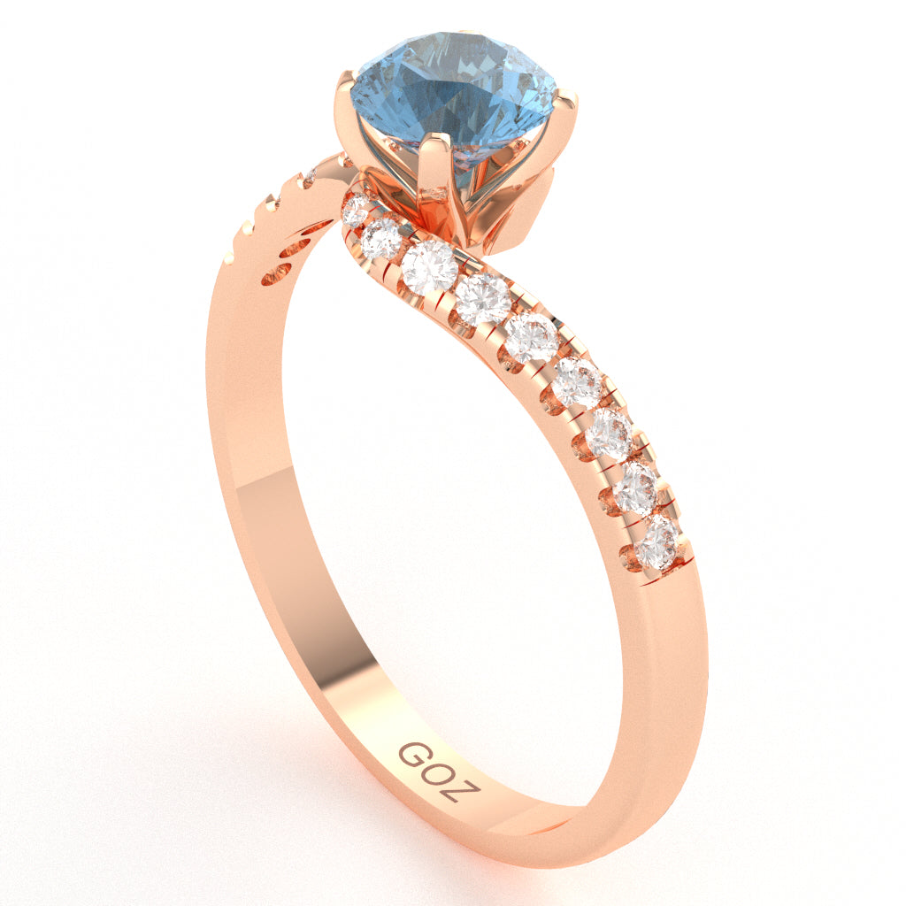 Blue Topaz Diamond Curly Dainty Engagement Ring In 14k Rose Gold