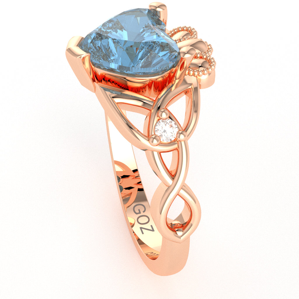 Celtic Trinity Knot Claddagh Heart Blue Topaz Diamond Ring In 14k Rose Gold