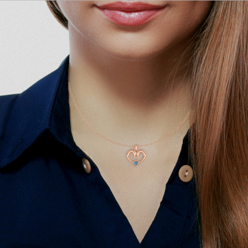 Blue Topaz Diamond  2 Dolphins Heart Love Pendant In 14k Rose Gold