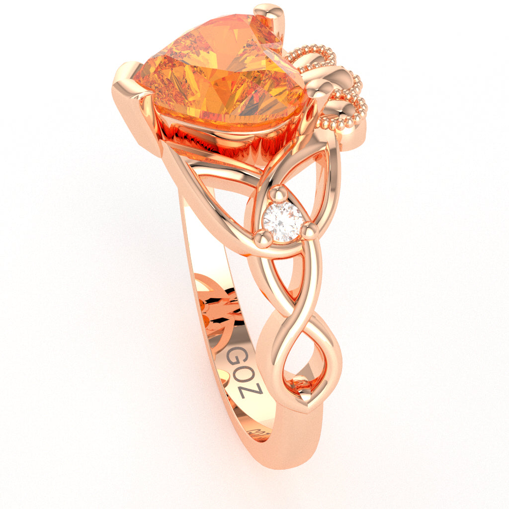Celtic Trinity Knot Claddagh Heart Citrine Diamond Ring In 14k Rose Gold