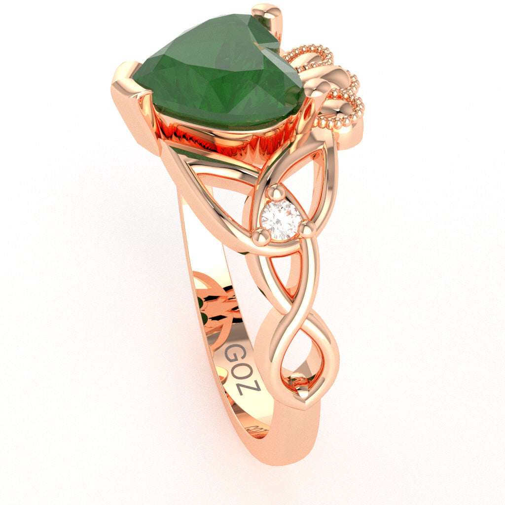 Celtic Trinity Knot Claddagh Heart Emerald Diamond Ring In 14k Rose Gold