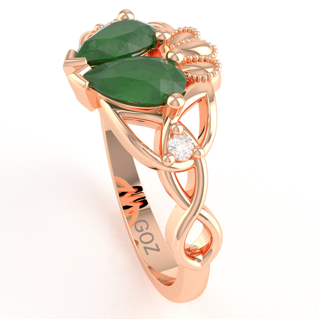 Emerald Diamond Celtic Knot Heart Claddagh Ring In 14k Rose Gold