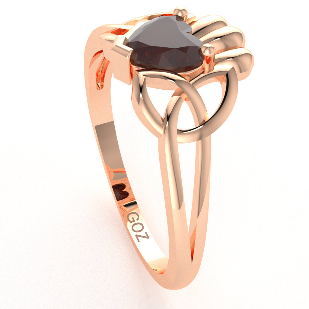 Celtic Trinity Knot Claddagh Garnet Engagement Ring In 14k Rose Gold