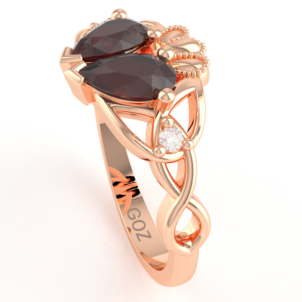 Garnet Diamond Celtic Knot Heart Claddagh Ring In 14k Rose Gold