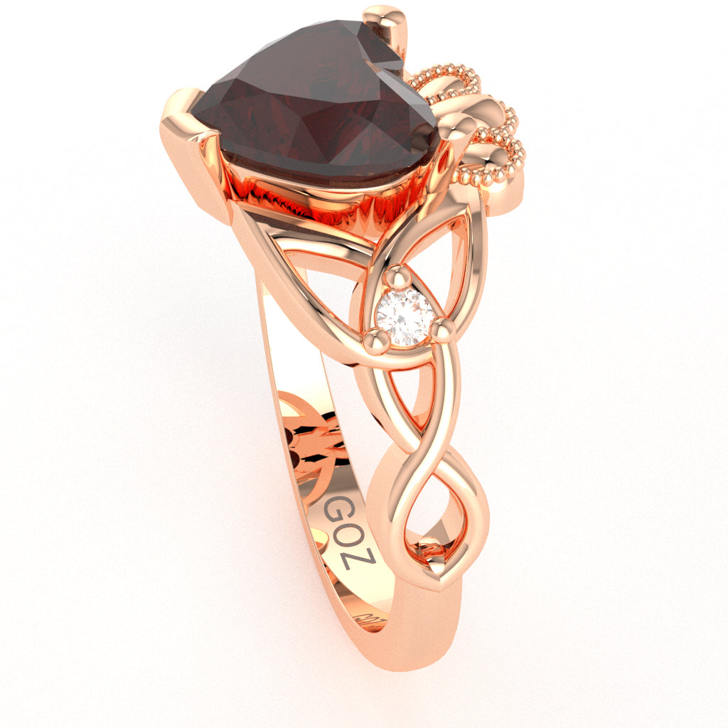 Celtic Trinity Knot Claddagh Heart Garnet Diamond Ring In 14k Rose Gold