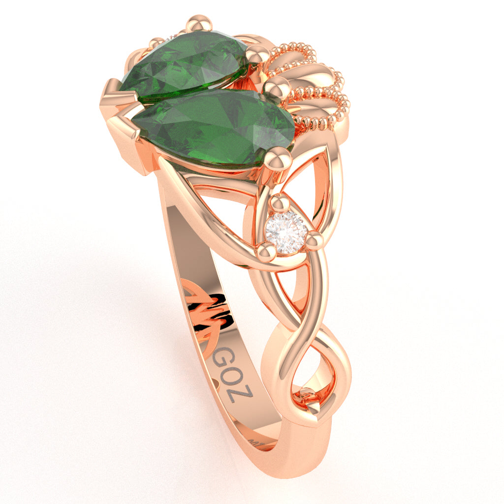 Lab-Created Emerald Diamond Celtic Knot Heart Claddagh Ring In 14k Rose Gold