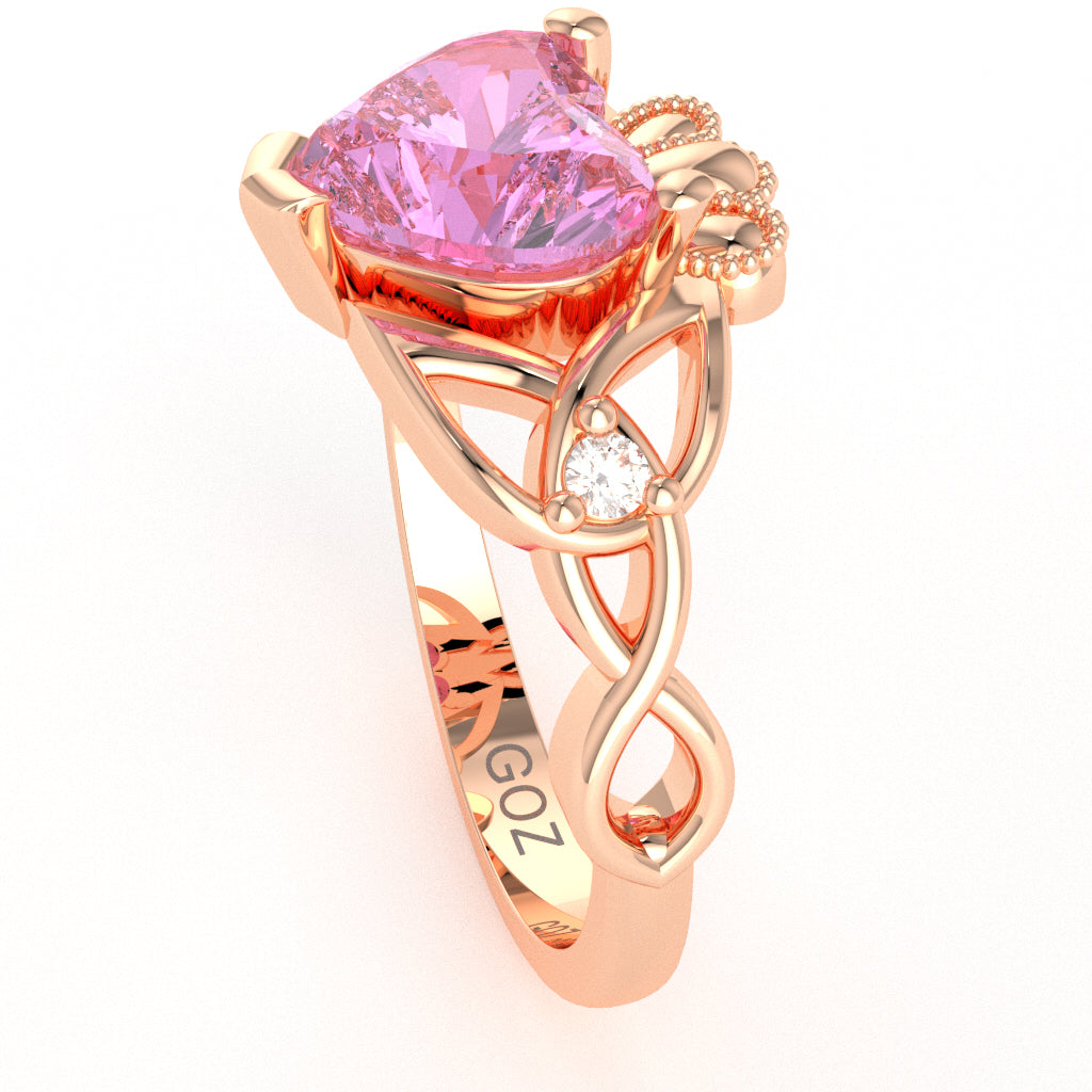 Celtic Trinity Knot Claddagh Heart Lab-Created Pink Sapphire Diamond Ring In 14k Rose Gold