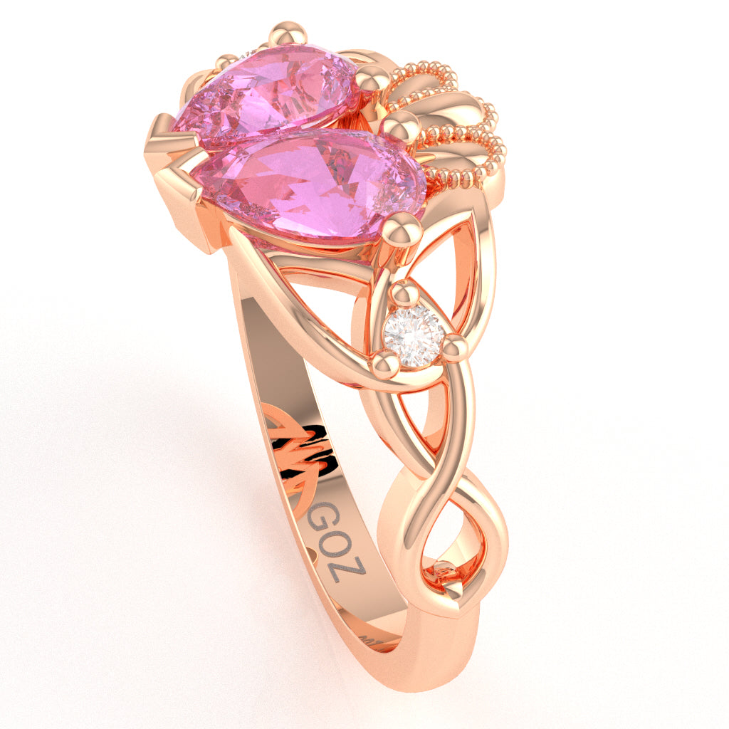 Lab-Created Pink Sapphire Diamond Celtic Knot Heart Claddagh Ring In 10k Rose Gold