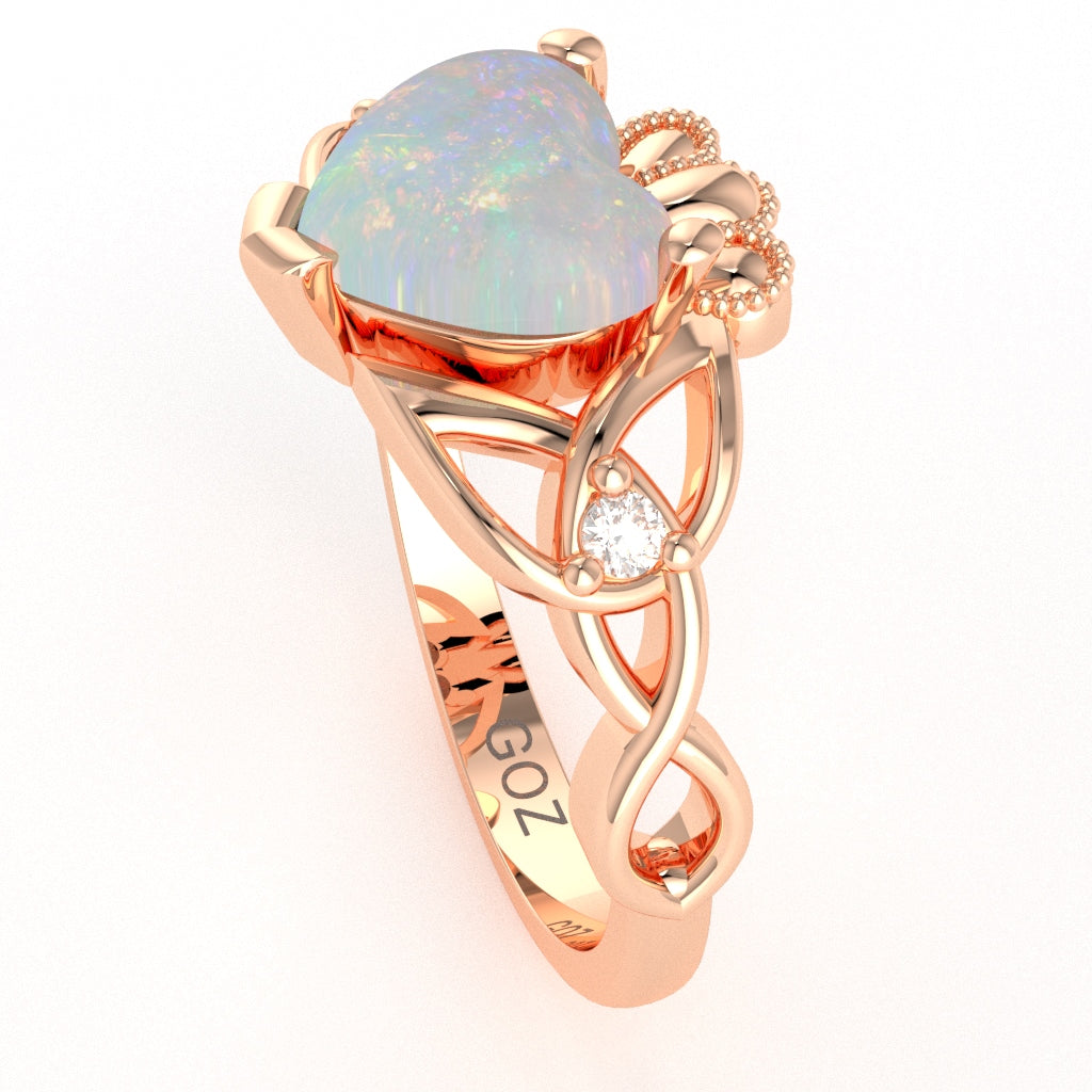 Celtic Trinity Knot Claddagh Heart Opal Diamond Ring In 10k Rose Gold
