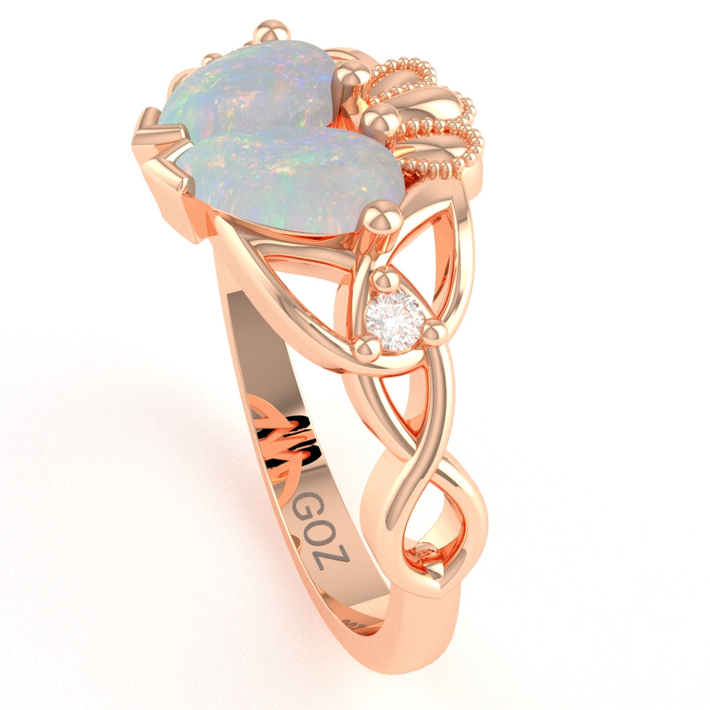 Opal Diamond Celtic Knot Heart Claddagh Ring In 14k Rose Gold