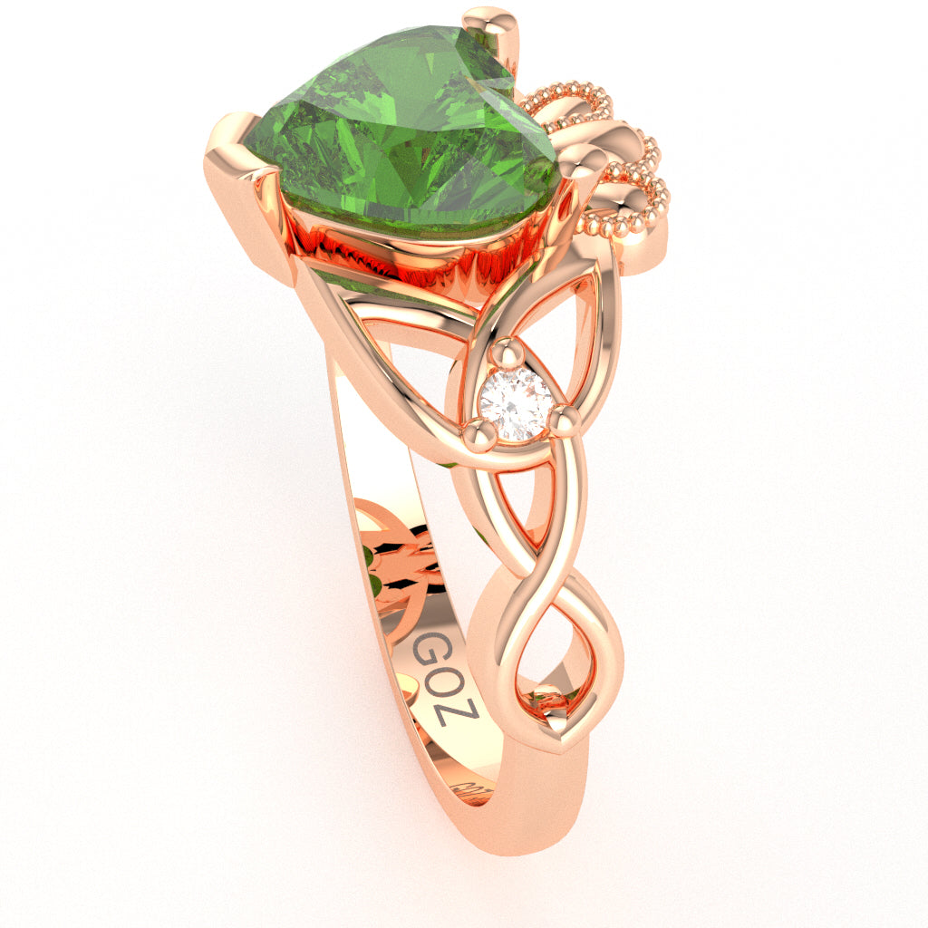 Celtic Trinity Knot Claddagh Heart Peridot Diamond Ring In 10k Rose Gold