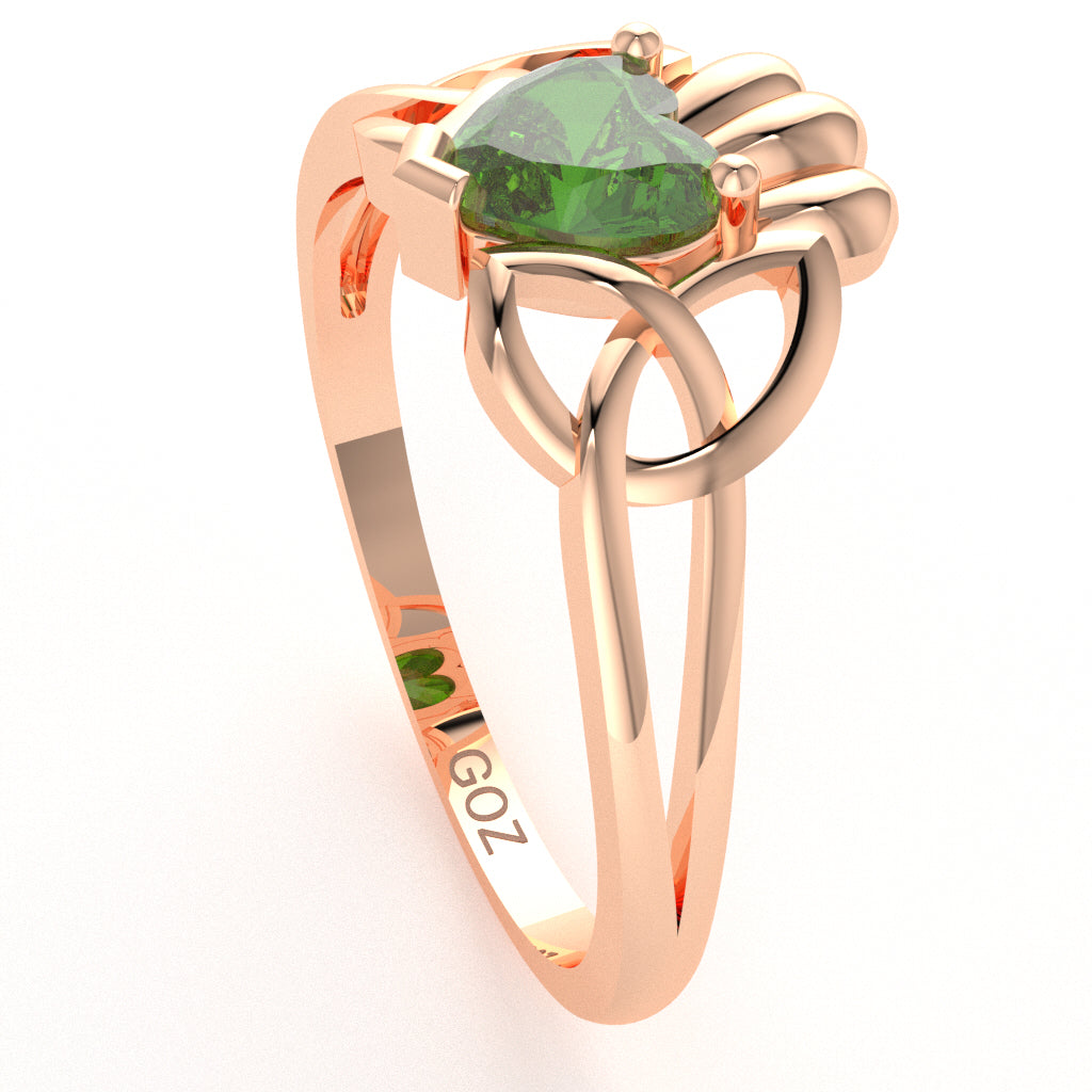 Celtic Trinity Knot Claddagh Peridot Engagement Ring In 10k Rose Gold