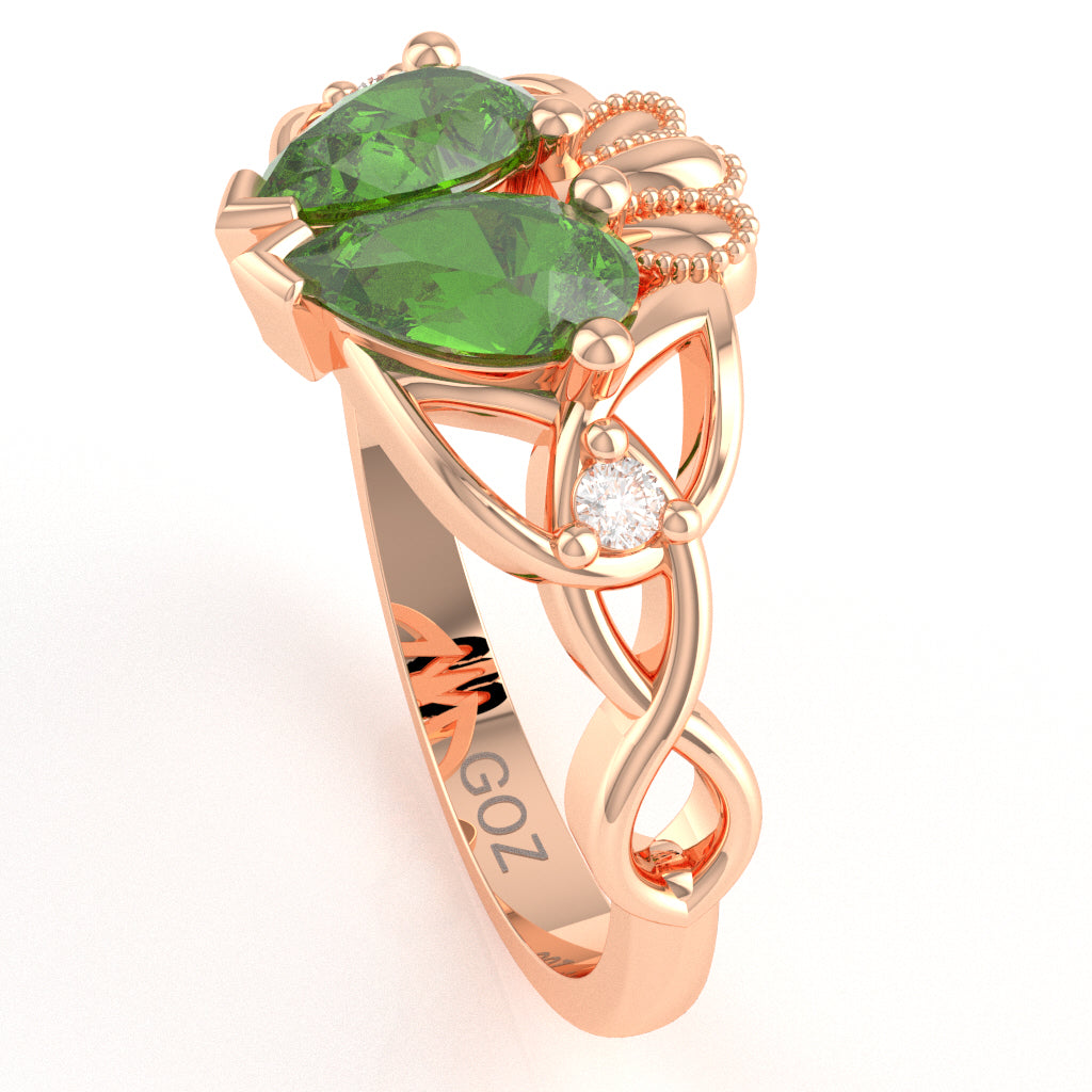 Peridot Diamond Celtic Knot Heart Claddagh Ring In 10k Rose Gold