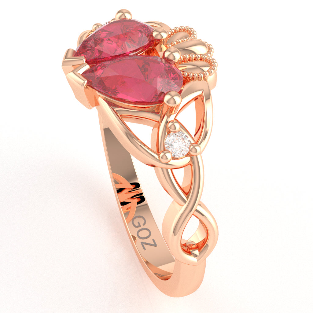 Pink Tourmaline Diamond Celtic Knot Heart Claddagh Ring In 14k Rose Gold