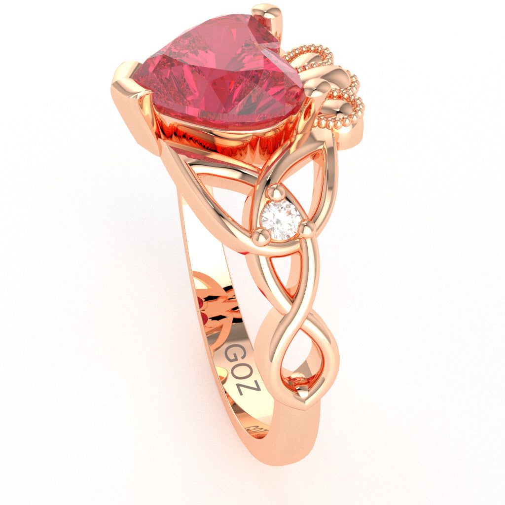 Celtic Trinity Knot Claddagh Heart Pink Tourmaline Diamond Ring In 14k Rose Gold