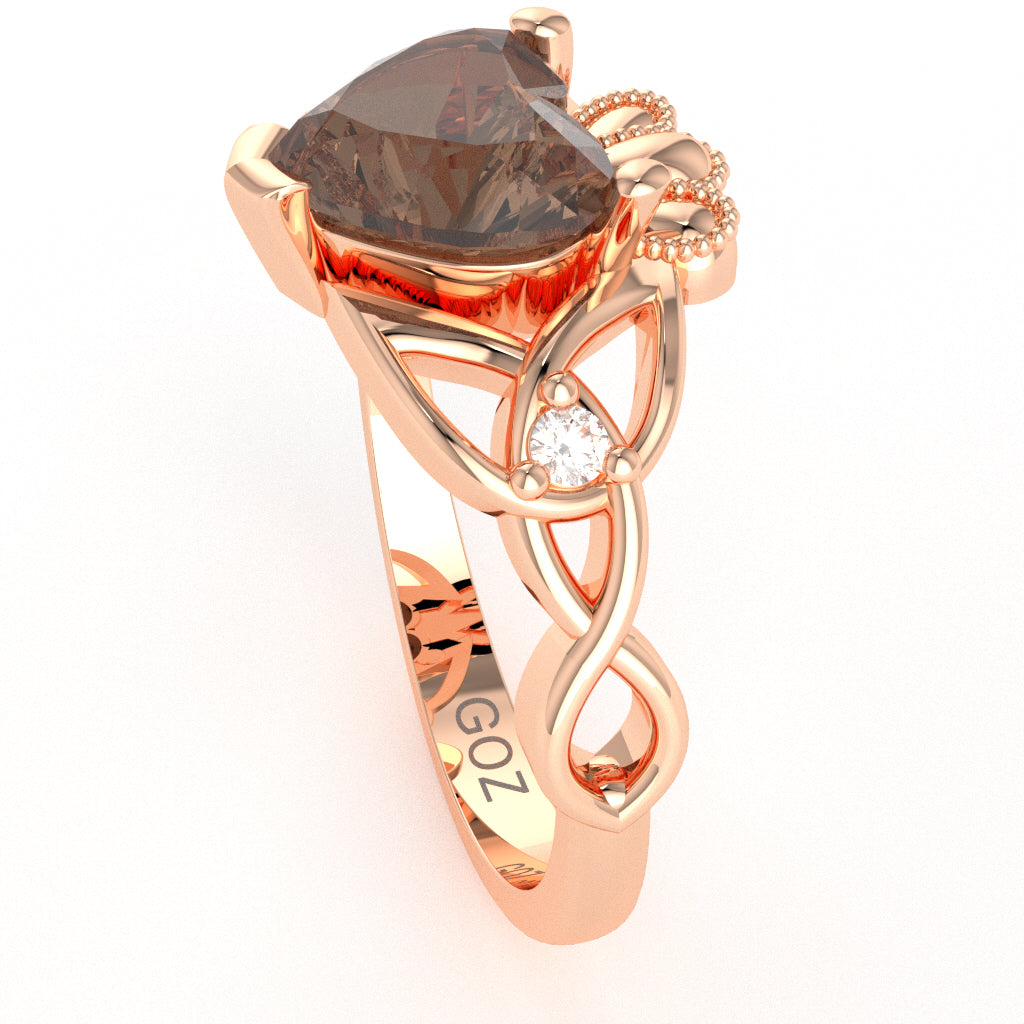 Celtic Trinity Knot Claddagh Heart Smoky Quartz Diamond Ring In 10k Rose Gold