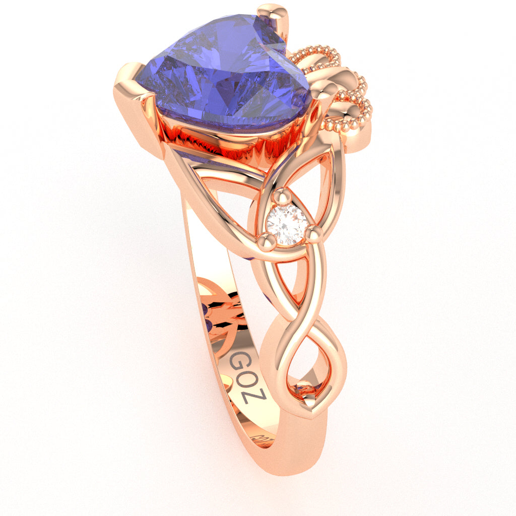 Celtic Trinity Knot Claddagh Heart Tanzanite Diamond Ring In 14k Rose Gold