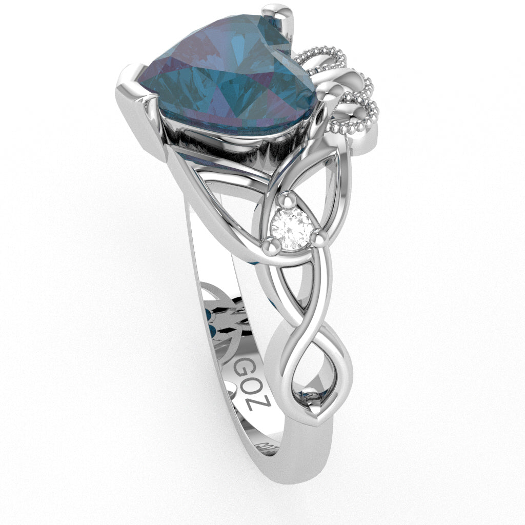 Celtic Trinity Knot Claddagh Heart Lab-Created Alexandrite Diamond Ring In 14k White Gold