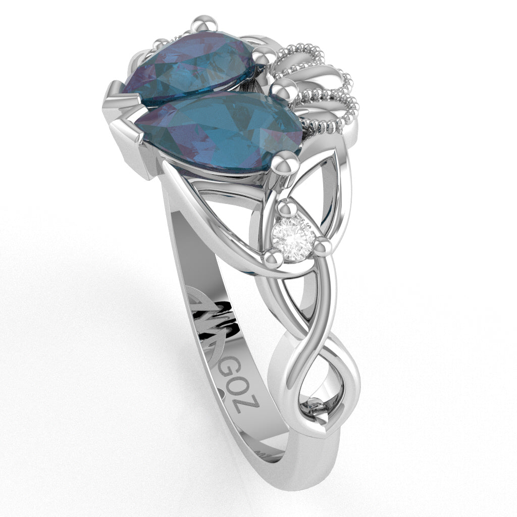 Lab-Created Alexandrite Diamond Celtic Knot Heart Claddagh Ring In 10k White Gold
