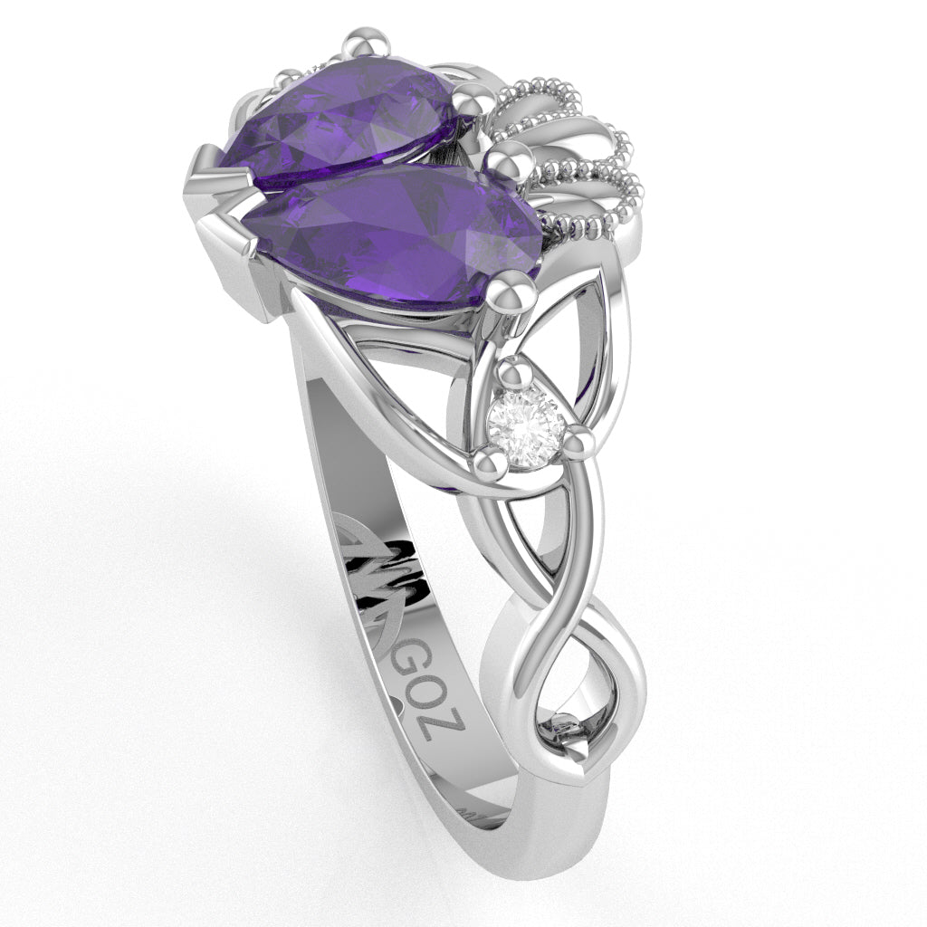 Amethyst Diamond Celtic Knot Heart Claddagh Ring In 14k White Gold