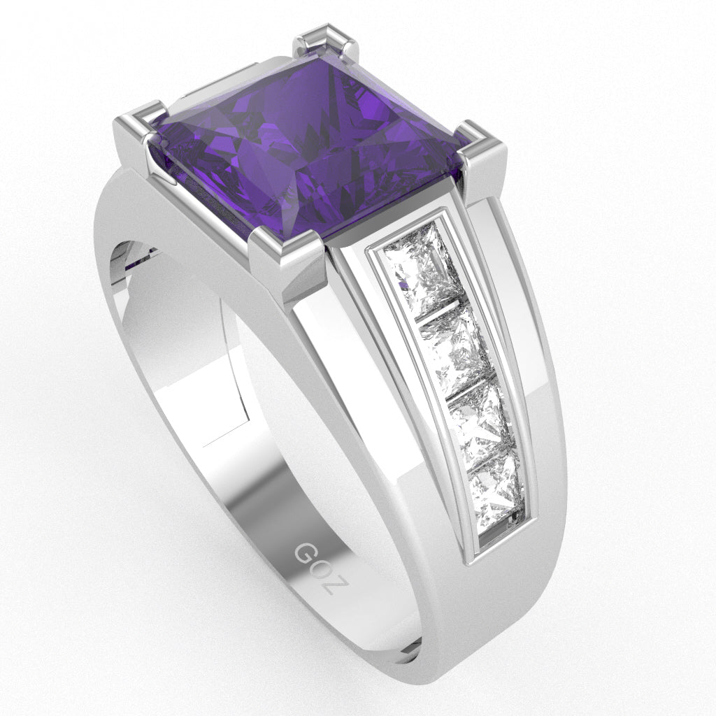 Men's Big Daddy Amethyst Lab-Grown Diamond Channel Ring In Solid 14k White Gold