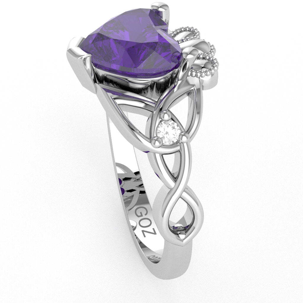 Celtic Trinity Knot Claddagh Heart Amethyst Diamond Ring In 14k White Gold