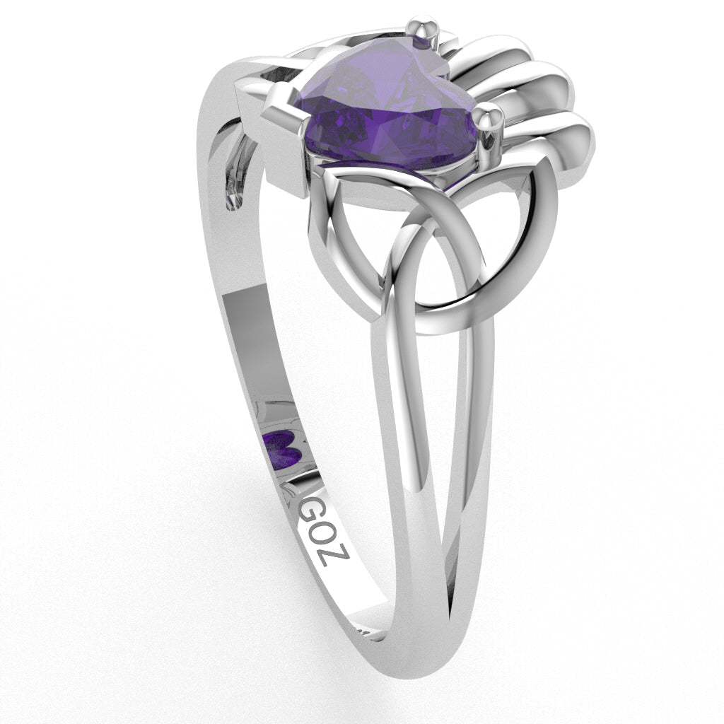 Celtic Trinity Knot Claddagh Amethyst Engagement Ring In 14k White Gold