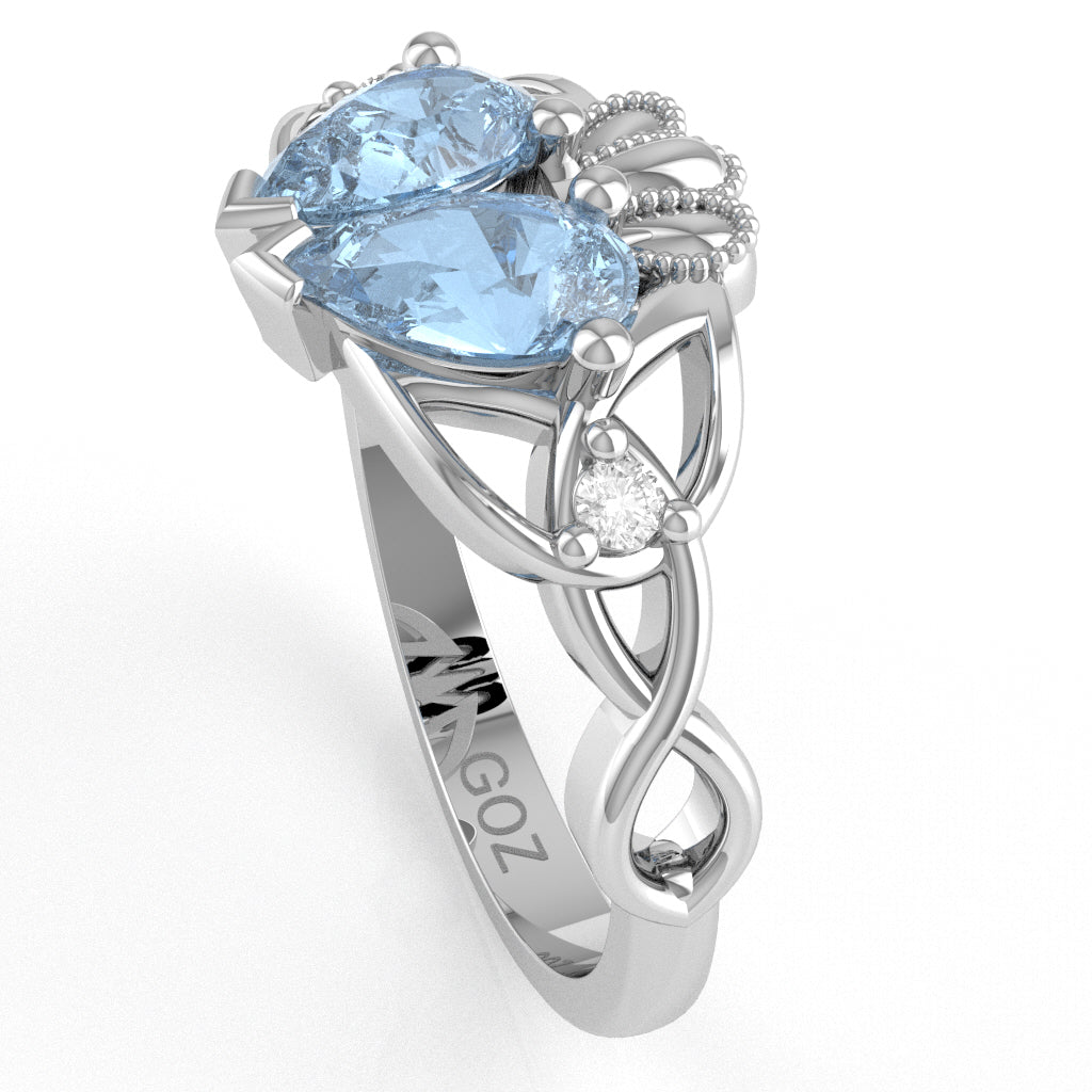 Aquamarine Diamond Celtic Knot Heart Claddagh Ring In 10k White Gold