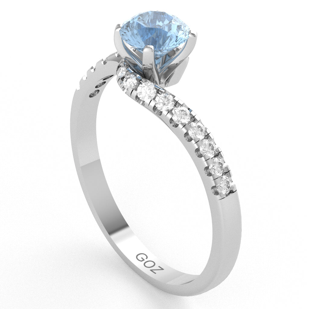 Aquamarine Diamond Curly Dainty Engagement Ring In 10k White Gold