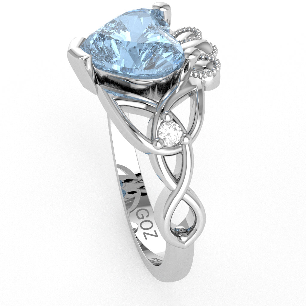 Celtic Trinity Knot Claddagh Heart Aquamarine Diamond Ring In 14k White Gold