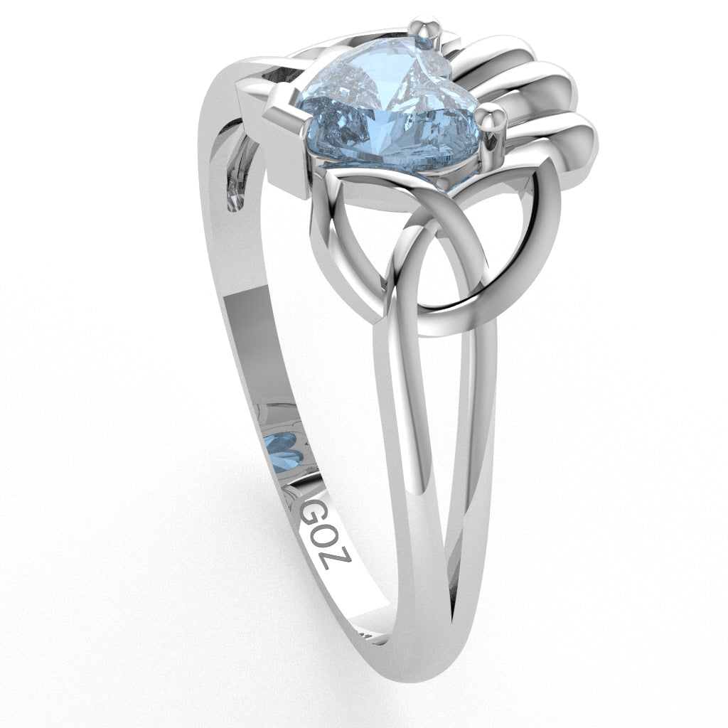 Celtic Trinity Knot Claddagh Aquamarine Engagement Ring In 14k White Gold