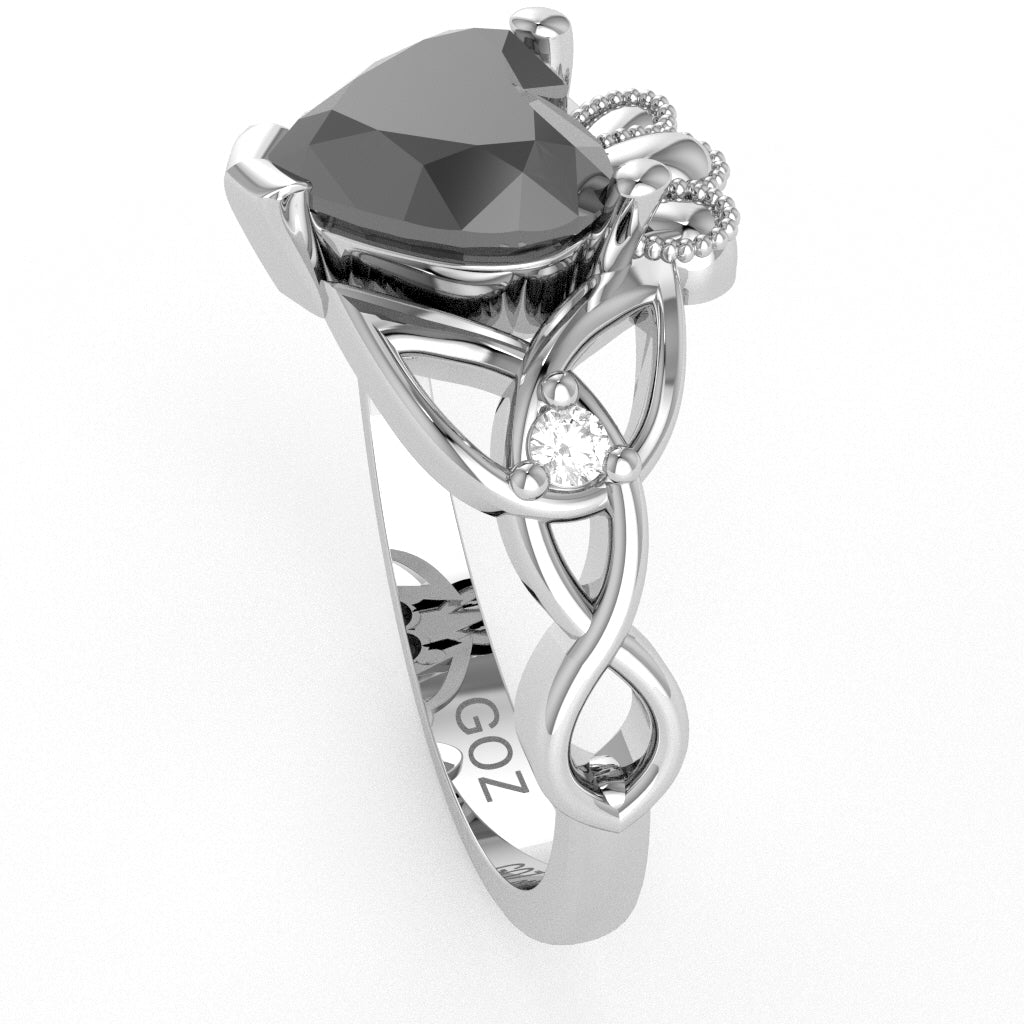 Celtic Trinity Knot Claddagh Heart Black Onyx Diamond Ring In 14k White Gold