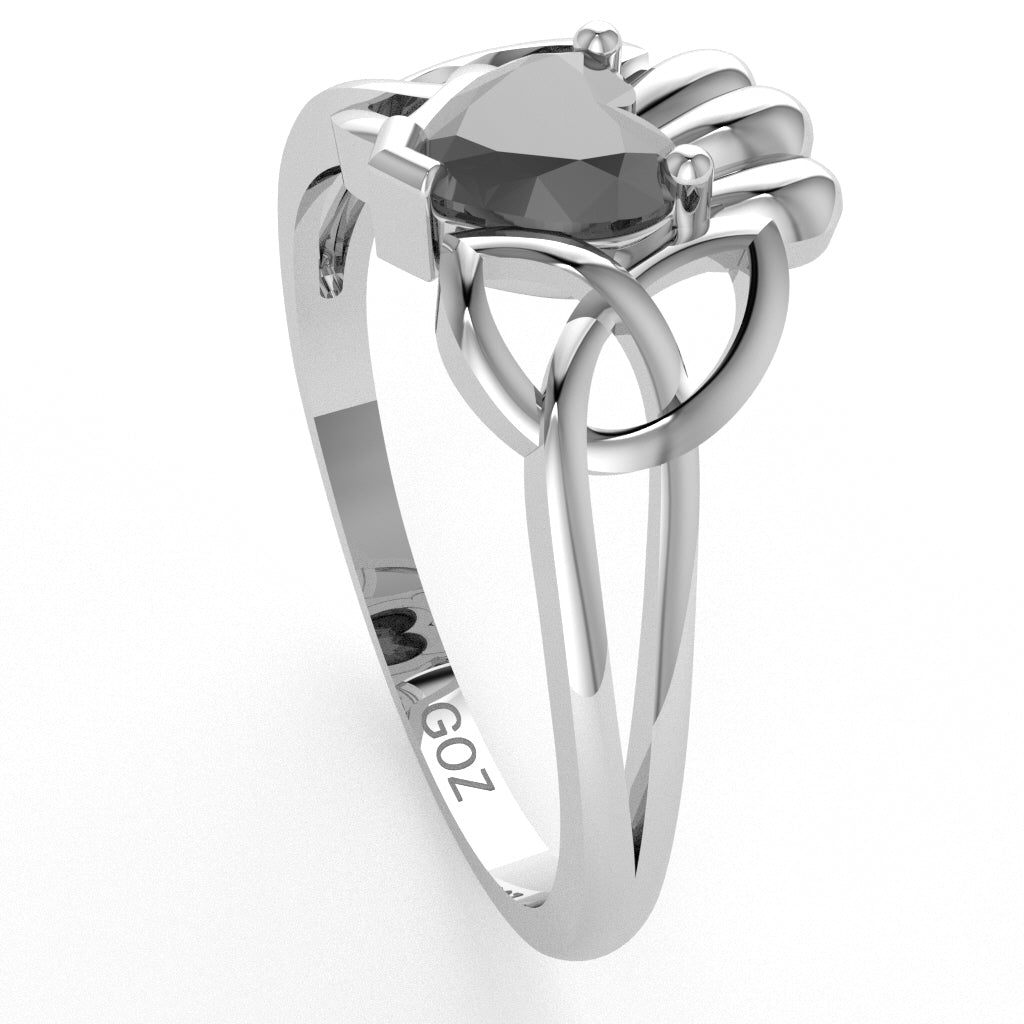 Celtic Trinity Knot Claddagh Black Onyx Engagement Ring In 10k White Gold