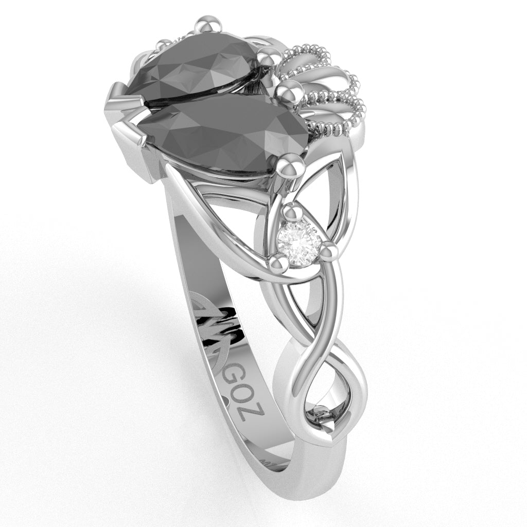 Black Onyx Diamond Celtic Knot Heart Claddagh Ring In 10k White Gold